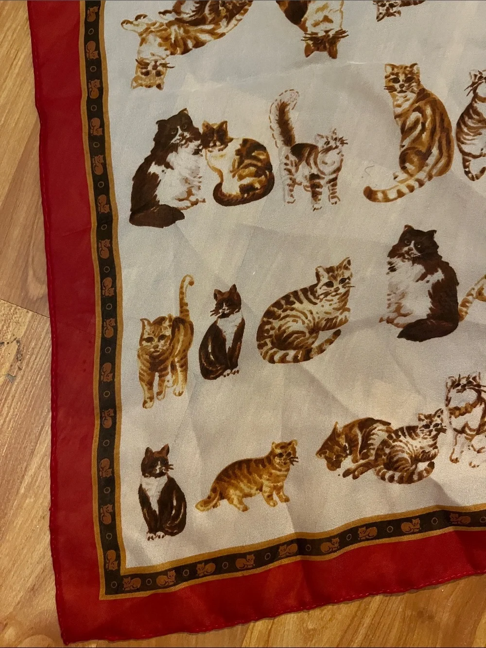 Vintage Cat Print Square Scarf in Cream and Brown with Red Border 70s